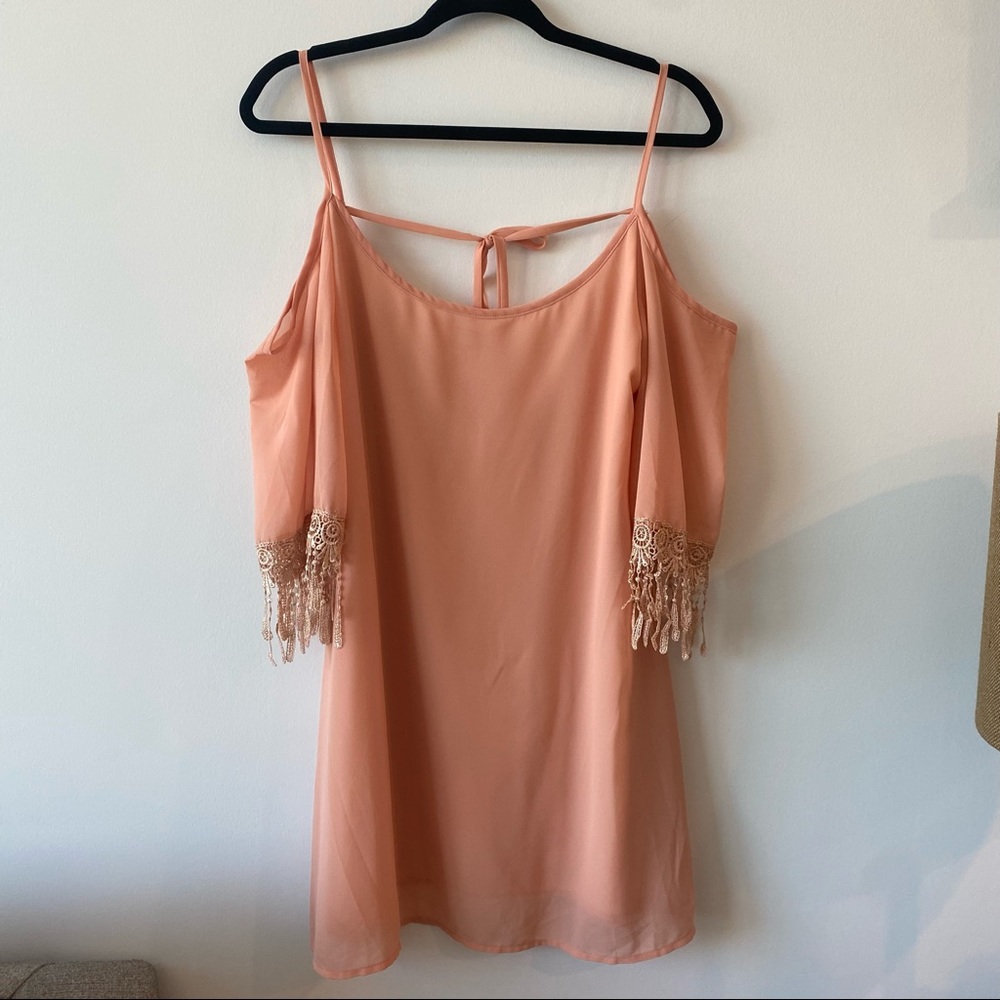 Tobi pink off the shoulder shift dress with embroidered tassels, small